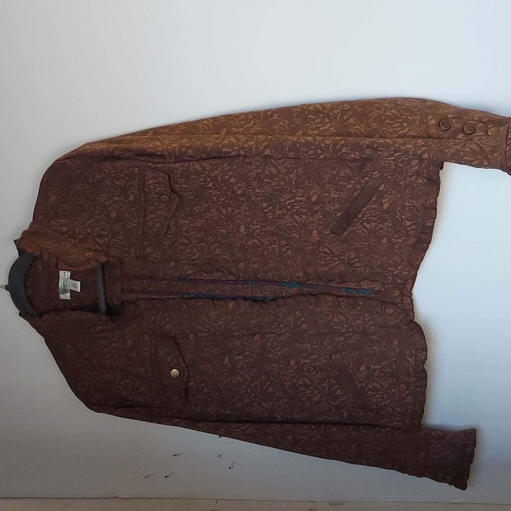 Coldwater creek brown solid Floral boho jacket ruffle around edges, size XL